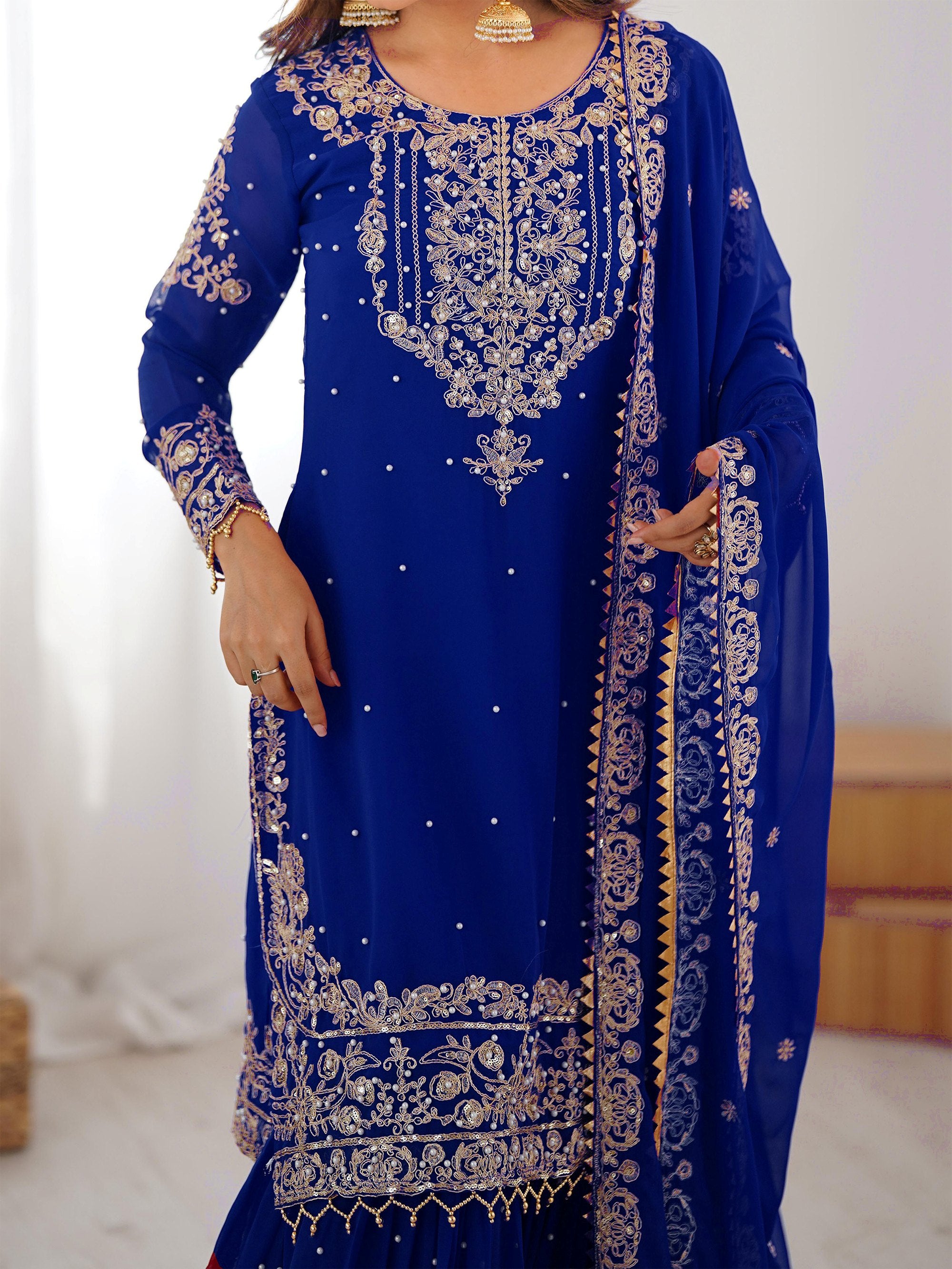 Awesome Blue Embroidered Georgette Wedding Wear Sharara Suit 