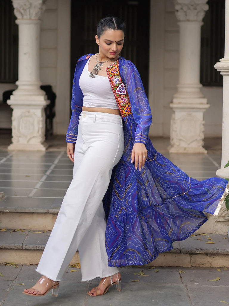 Pretty Blue Georgette Bandhani Printed Navratri Wear Long Shrug