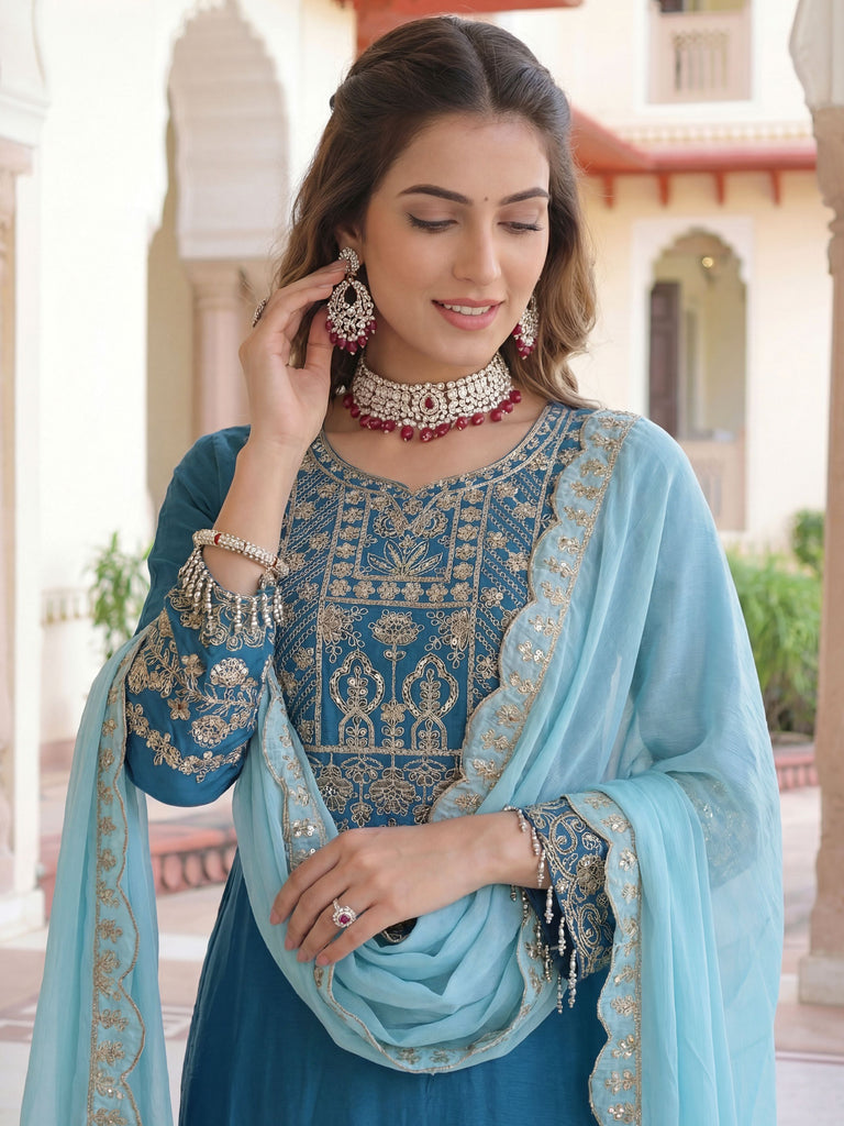 Fabulous Teal Blue Embroidered Chinon Festival Wear Palazzo Suit
