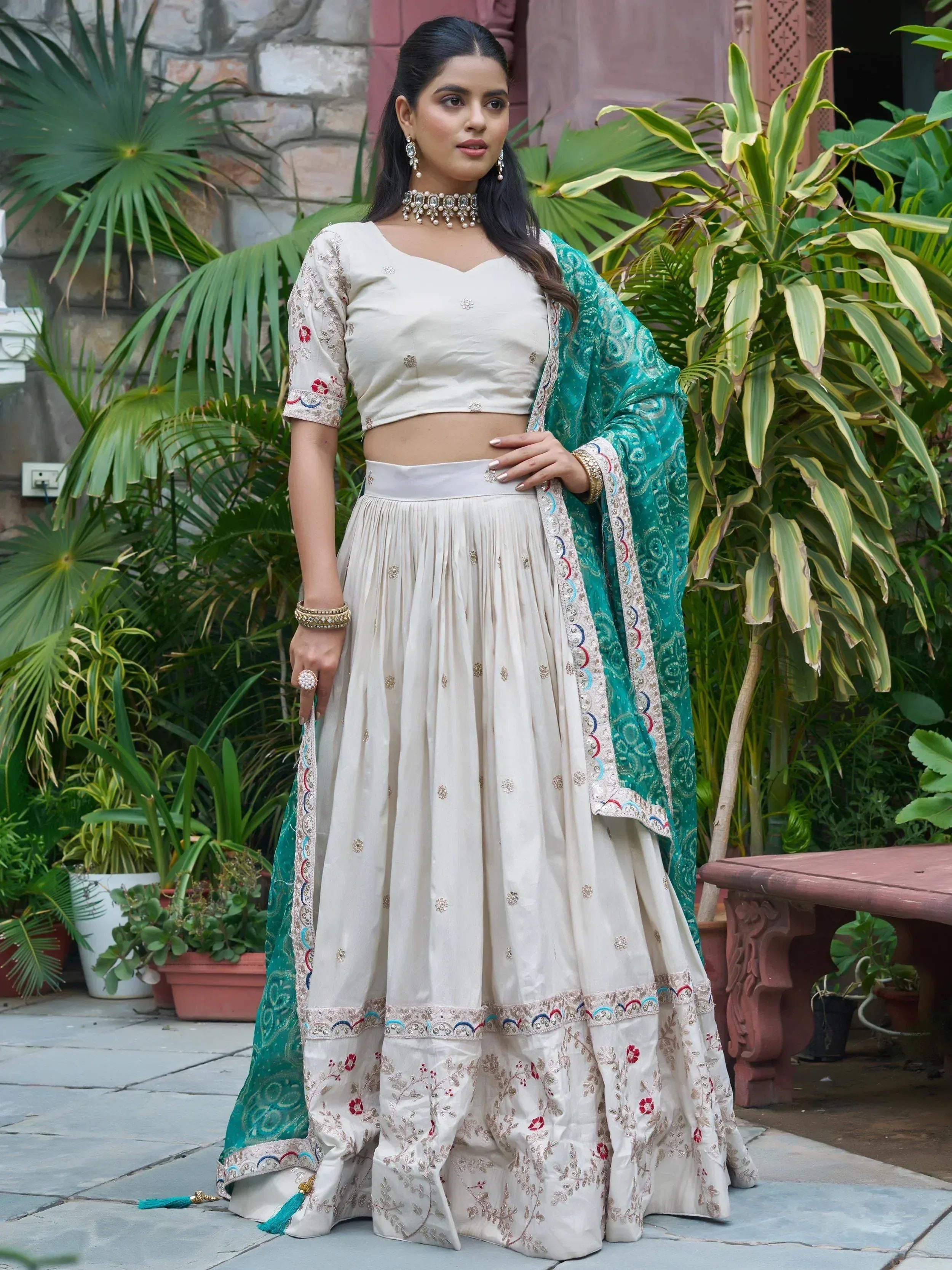 Attractive White Sequins Silk Lehenga Choli With Blue Dupatta 
