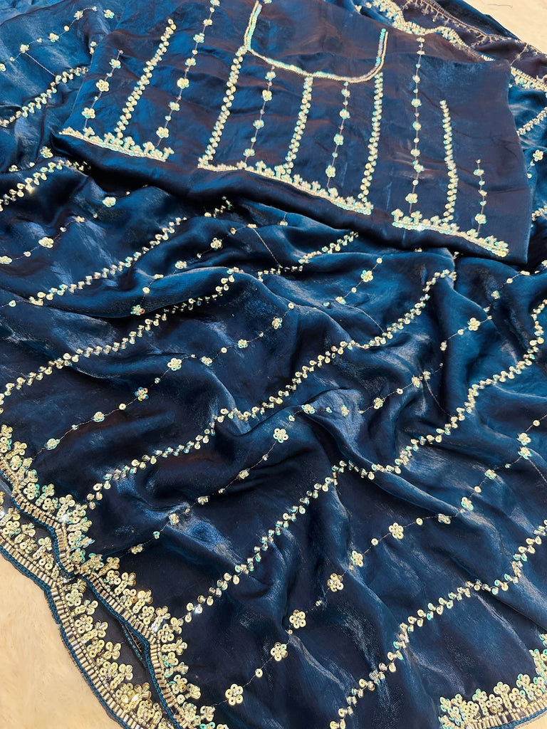 Enchanting Teal Blue Beads Work Satin Party Wear Saree With Blouse