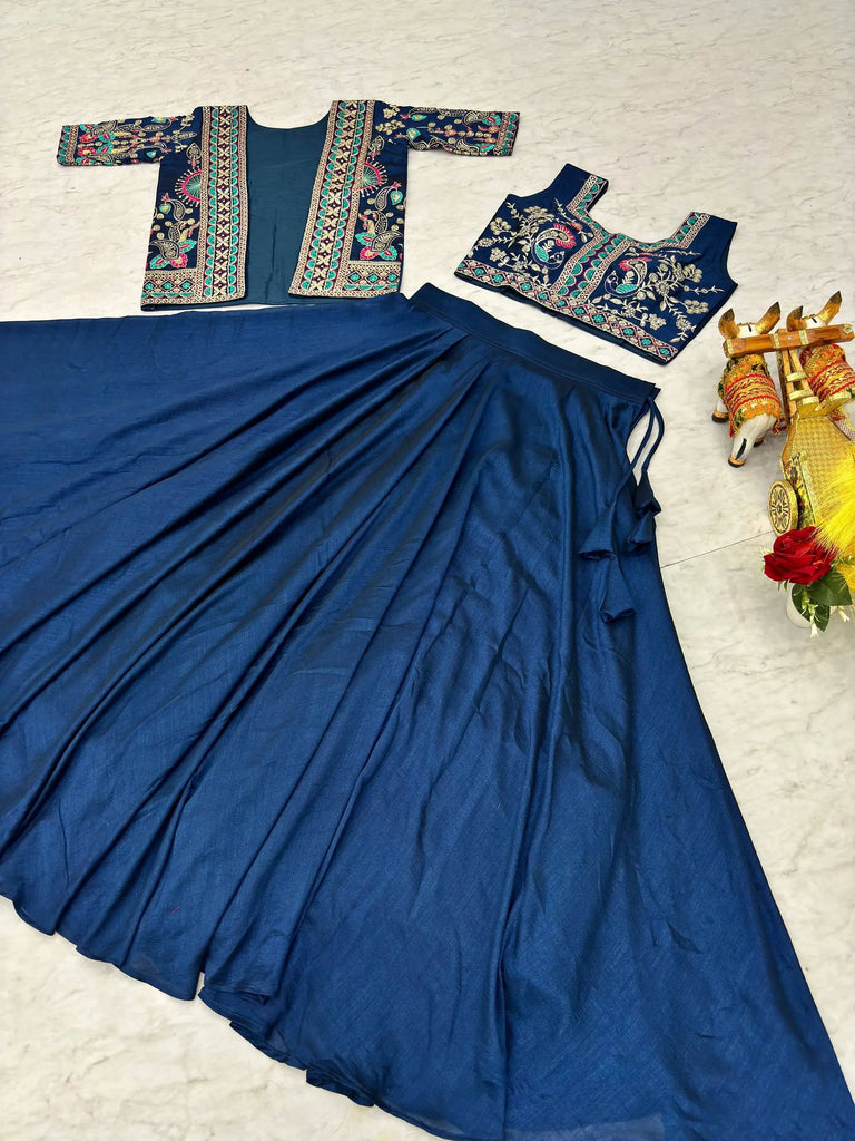 Lovely Blue Embroidered Silk Wedding Wear Lehenga Choli With Jacket
