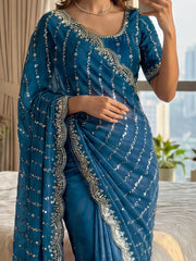 Enchanting Teal Blue Beads Work Satin Party Wear Saree With Blouse
