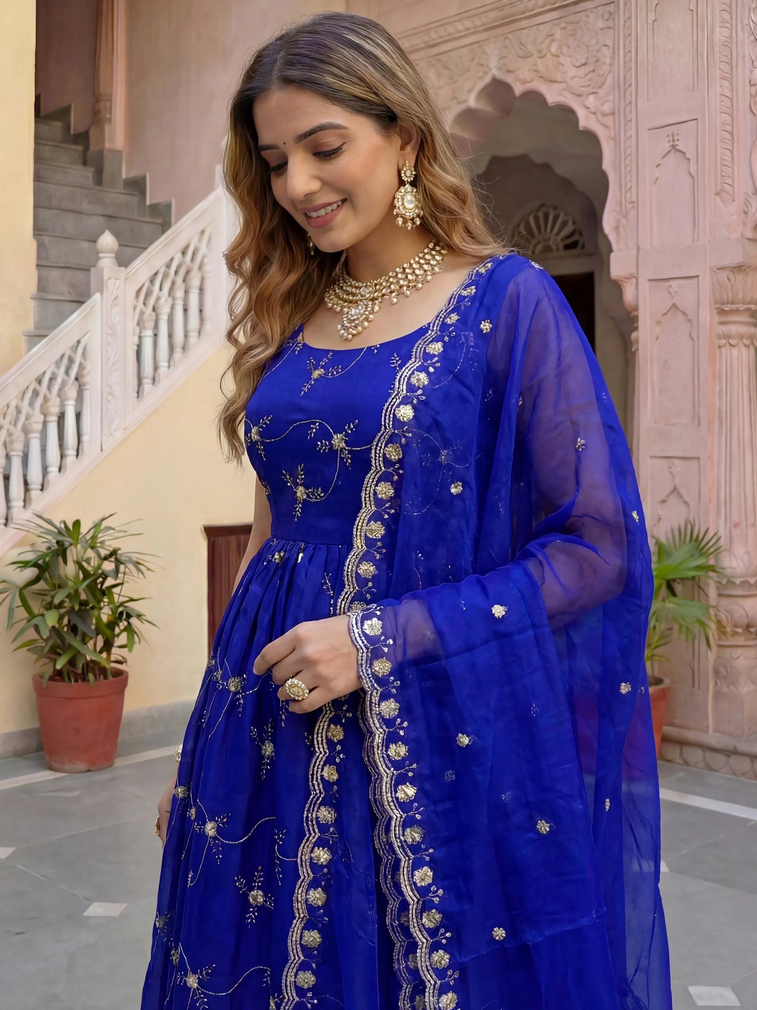 Impressive Blue Embroidered Silk Festival Wear Gown With Dupatta