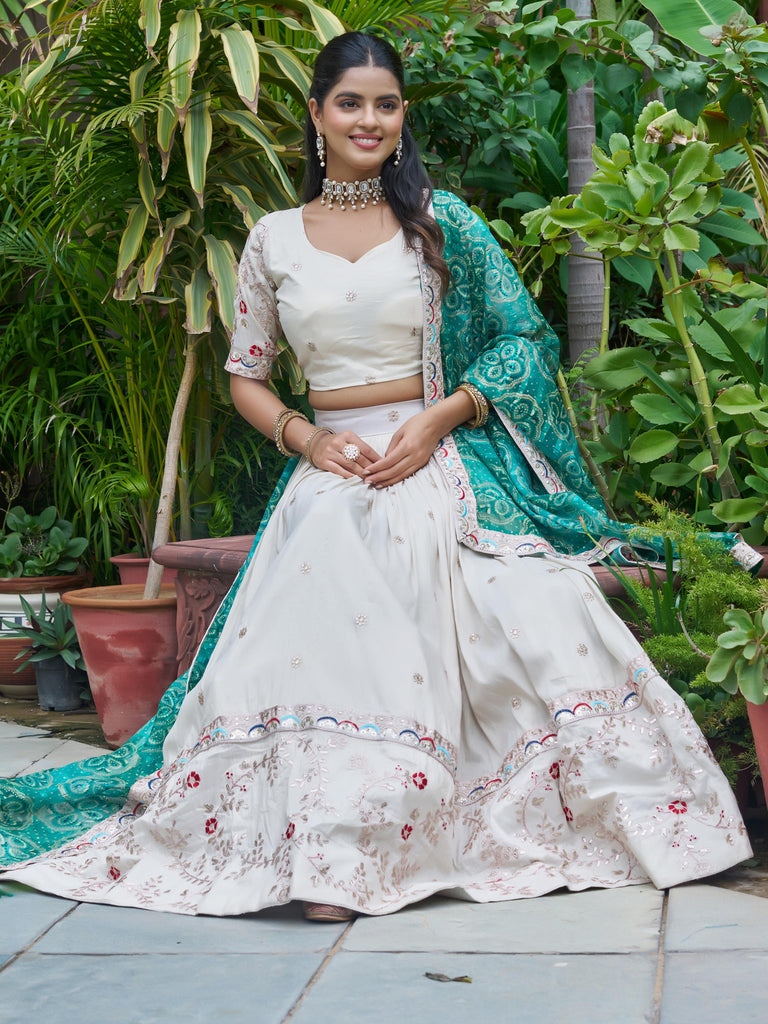 Attractive White Sequins Silk Lehenga Choli With Blue Dupatta 