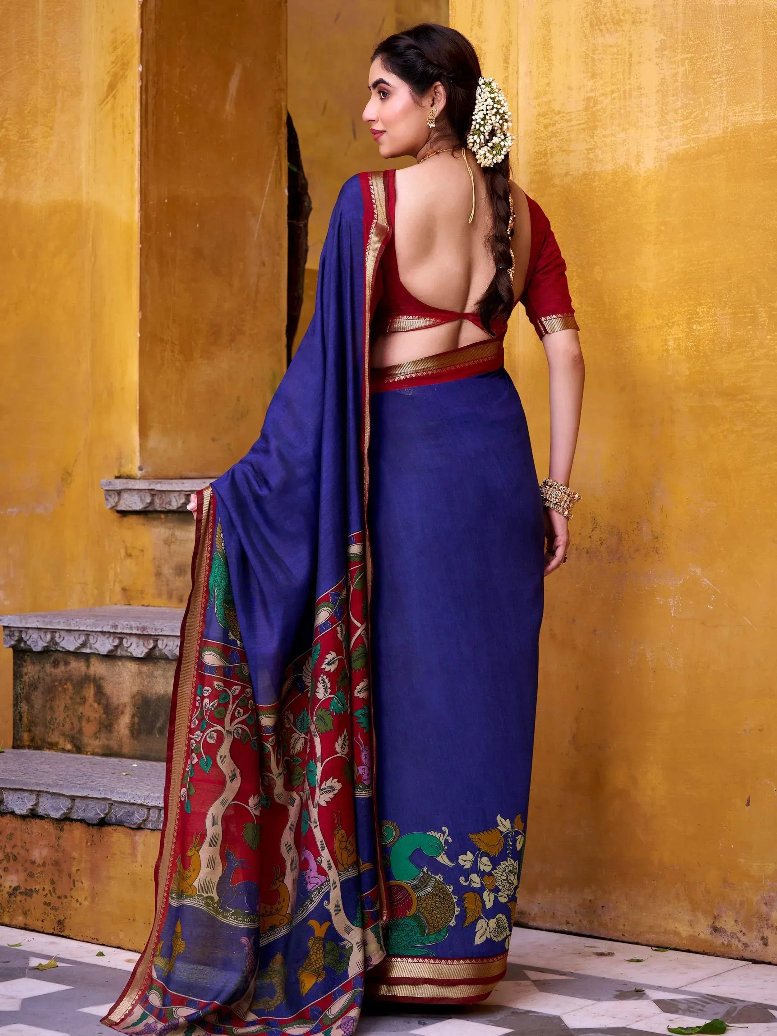 Blue and red printed saree with peacock design, backless blouse, ethnic wear for women