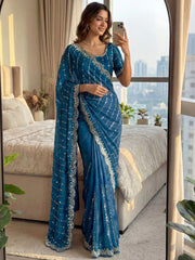 Enchanting Teal Blue Beads Work Satin Party Wear Saree With Blouse