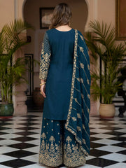 Classic Blue Zari Embroidered Chinon Wedding Wear Palazzo Suit