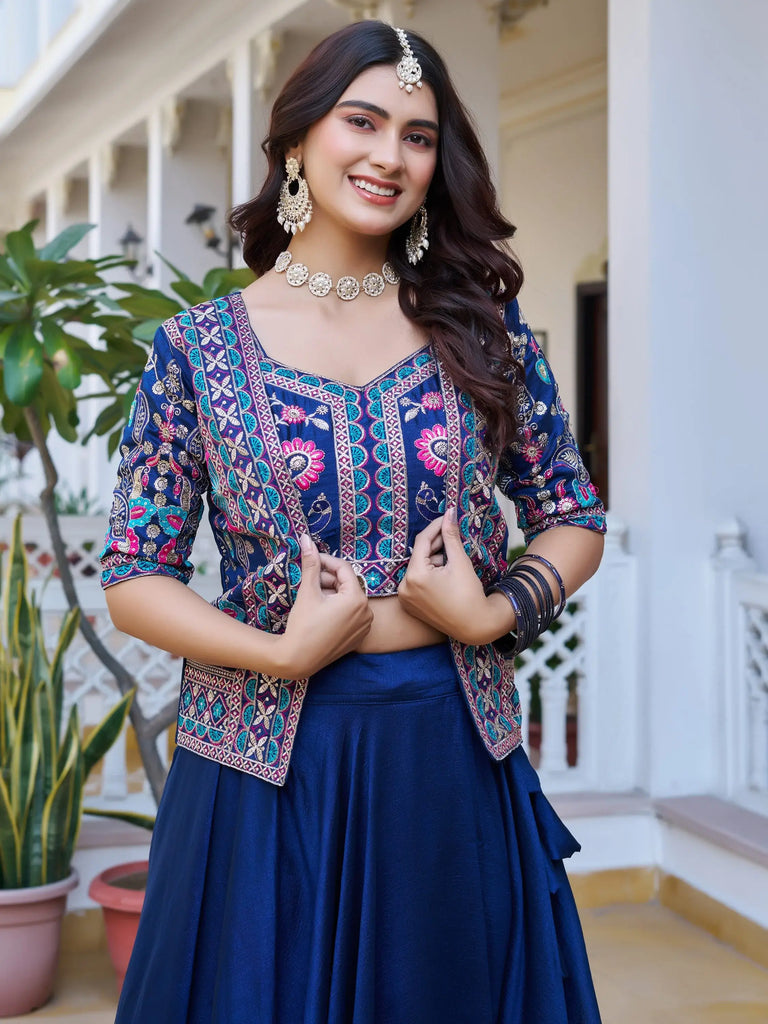 Lovely Blue Embroidered Silk Wedding Wear Lehenga Choli With Jacket