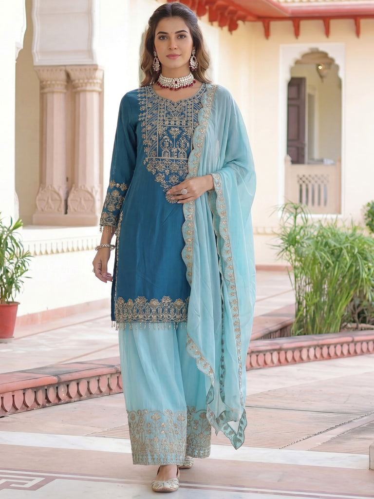 Fabulous Teal Blue Embroidered Chinon Festival Wear Palazzo Suit