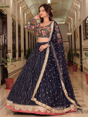 Gleaming Blue Net Sequins Work Party Wear Lehenga Choli With Dupatta