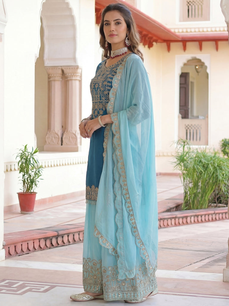 Fabulous Teal Blue Embroidered Chinon Festival Wear Palazzo Suit