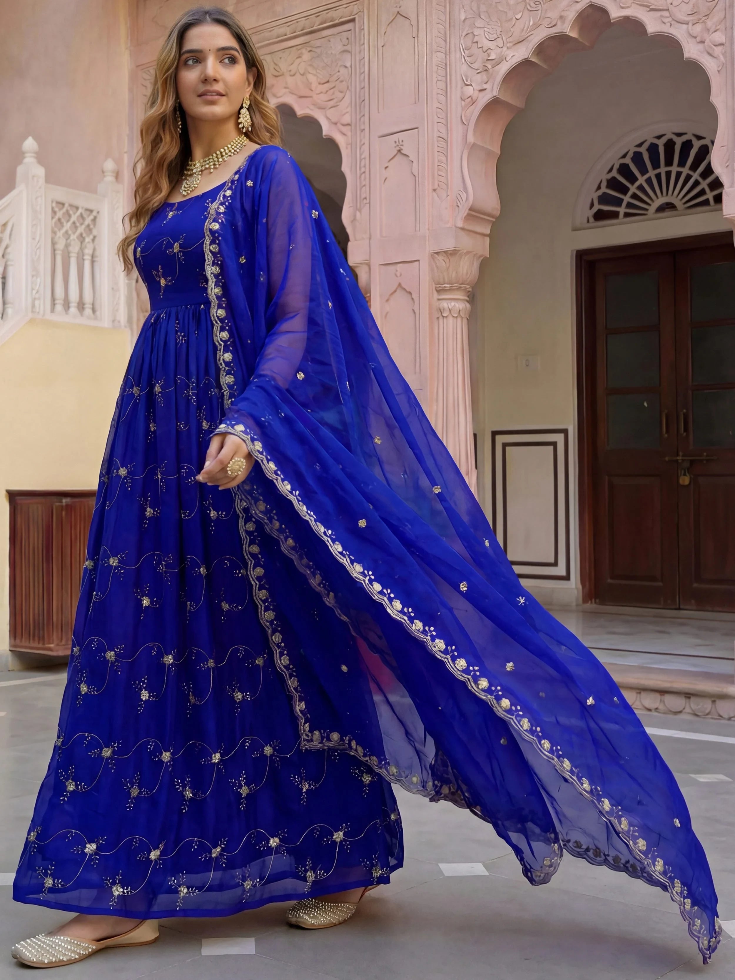 Impressive Blue Embroidered Silk Festival Wear Gown With Dupatta