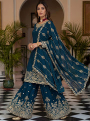Classic Blue Zari Embroidered Chinon Wedding Wear Palazzo Suit