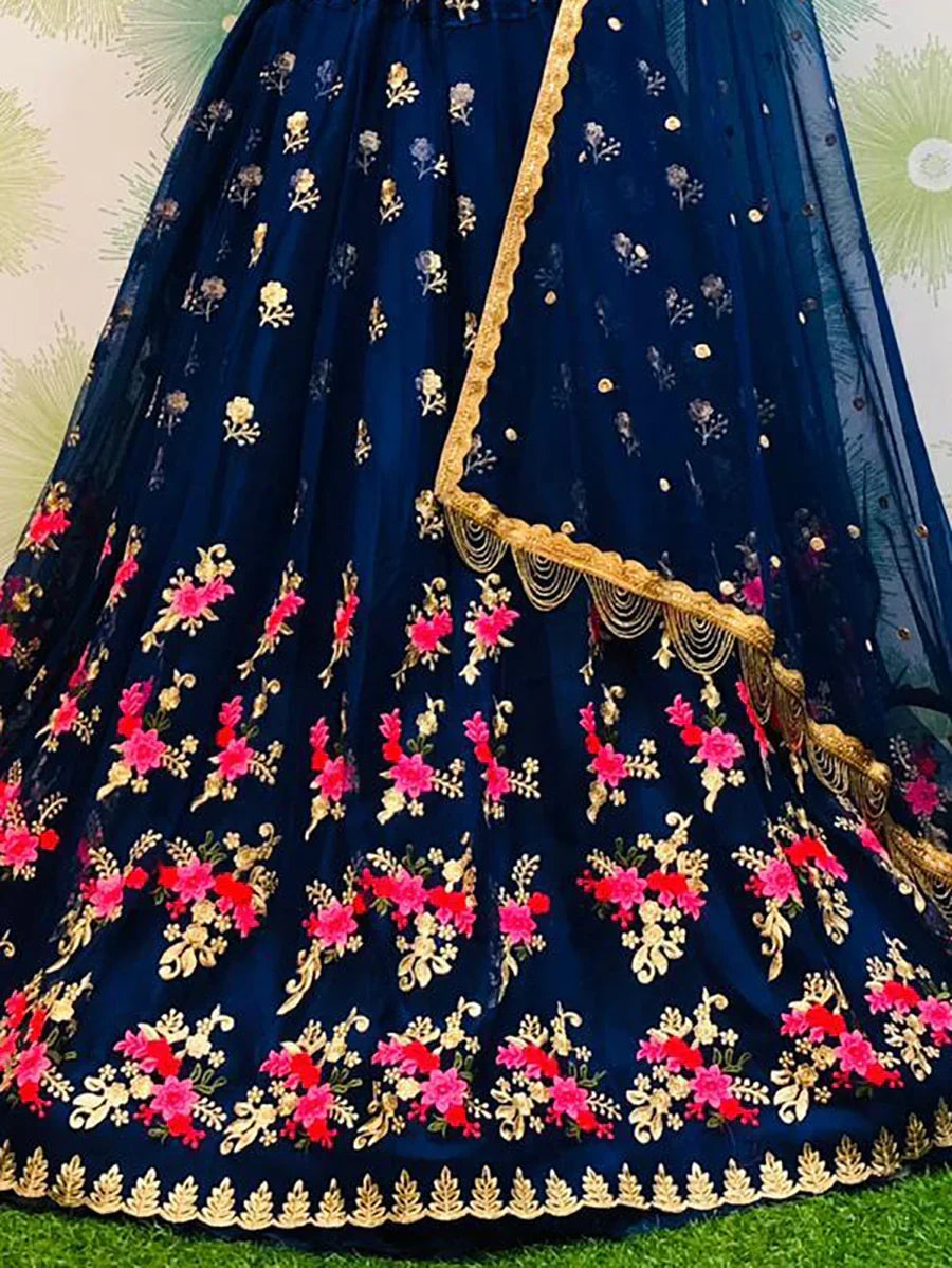 Captivating Navy Blue Net Embroidered Lehenga Choli With Dupatta
