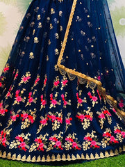 Captivating Navy Blue Net Embroidered Lehenga Choli With Dupatta