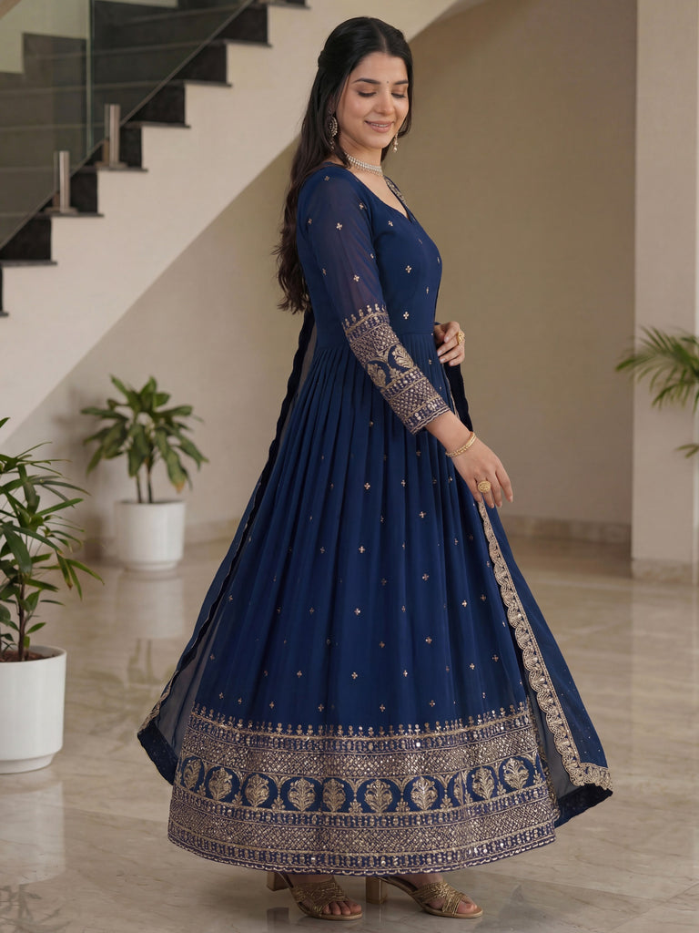 Gorgeous Blue Sequins Silk Wedding Wear Gown With Dupatta 