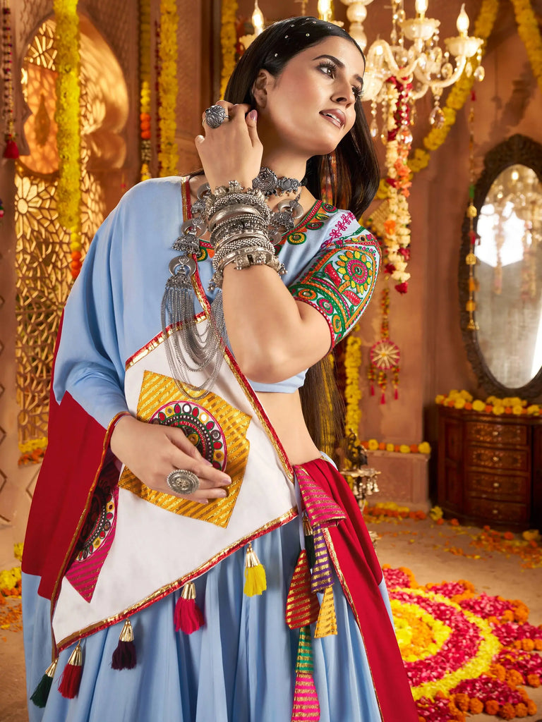 Timeless Sky Blue Cotton Thread Embroidered Navratri Wear Lehenga Choli