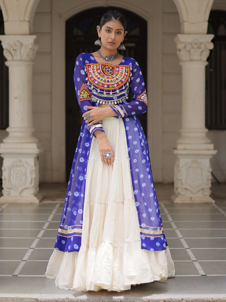Alluring Blue Cotton Patch Work Navratri Wear Lehenga With Kurti