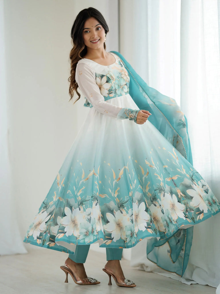 Amazing Blue Organza Floral Printed Anarkali Suit With Dupatta