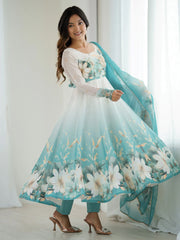 Amazing Blue Organza Floral Printed Anarkali Suit With Dupatta