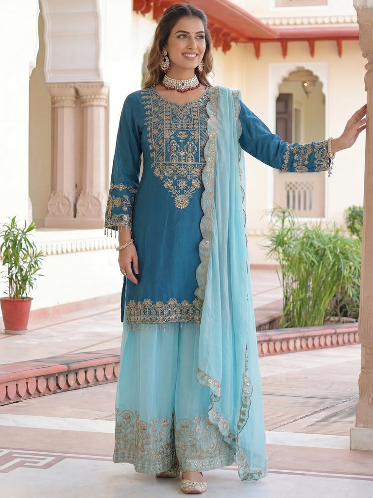 Fabulous Teal Blue Embroidered Chinon Festival Wear Palazzo Suit