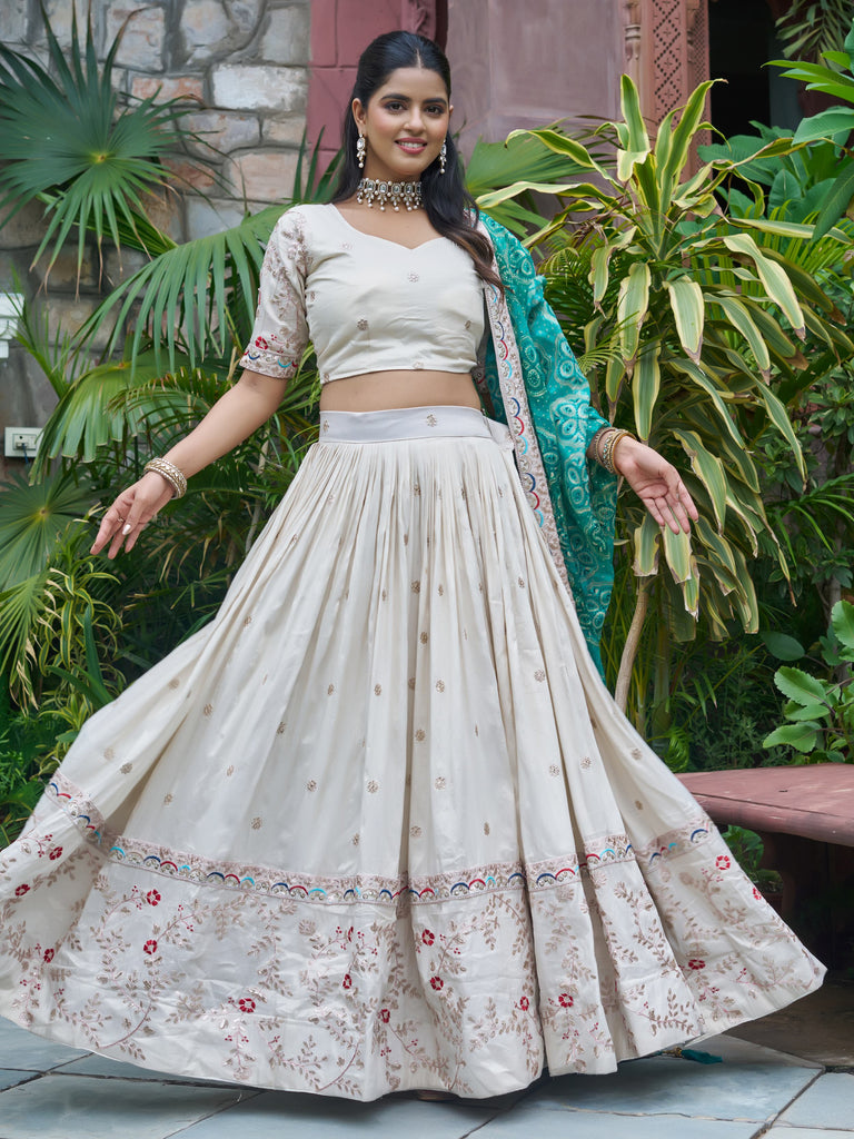 Attractive White Sequins Silk Lehenga Choli With Blue Dupatta 