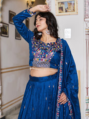 Stunning Blue Thread Embroidered Silk Festive Wear Lehenga Choli 