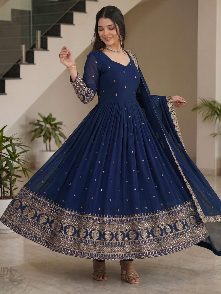 Gorgeous Blue Sequins Silk Wedding Wear Gown With Dupatta 