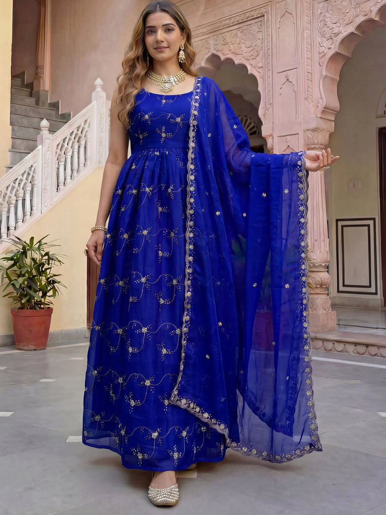 Impressive Blue Embroidered Silk Festival Wear Gown With Dupatta