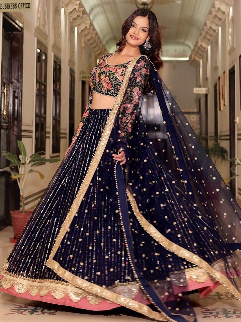 Gleaming Blue Net Sequins Work Party Wear Lehenga Choli With Dupatta