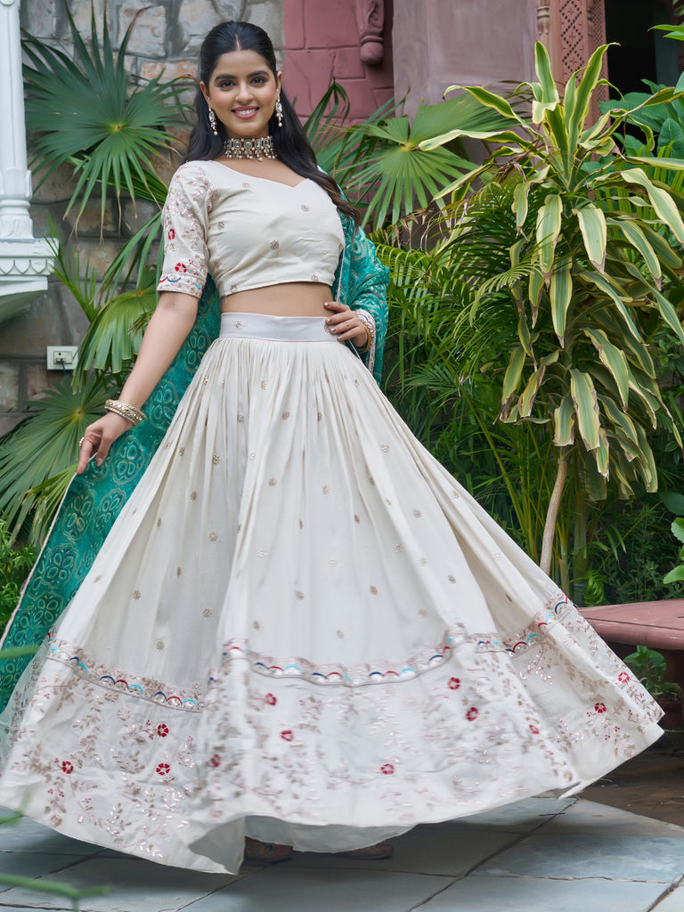 Attractive White Sequins Silk Lehenga Choli With Blue Dupatta 