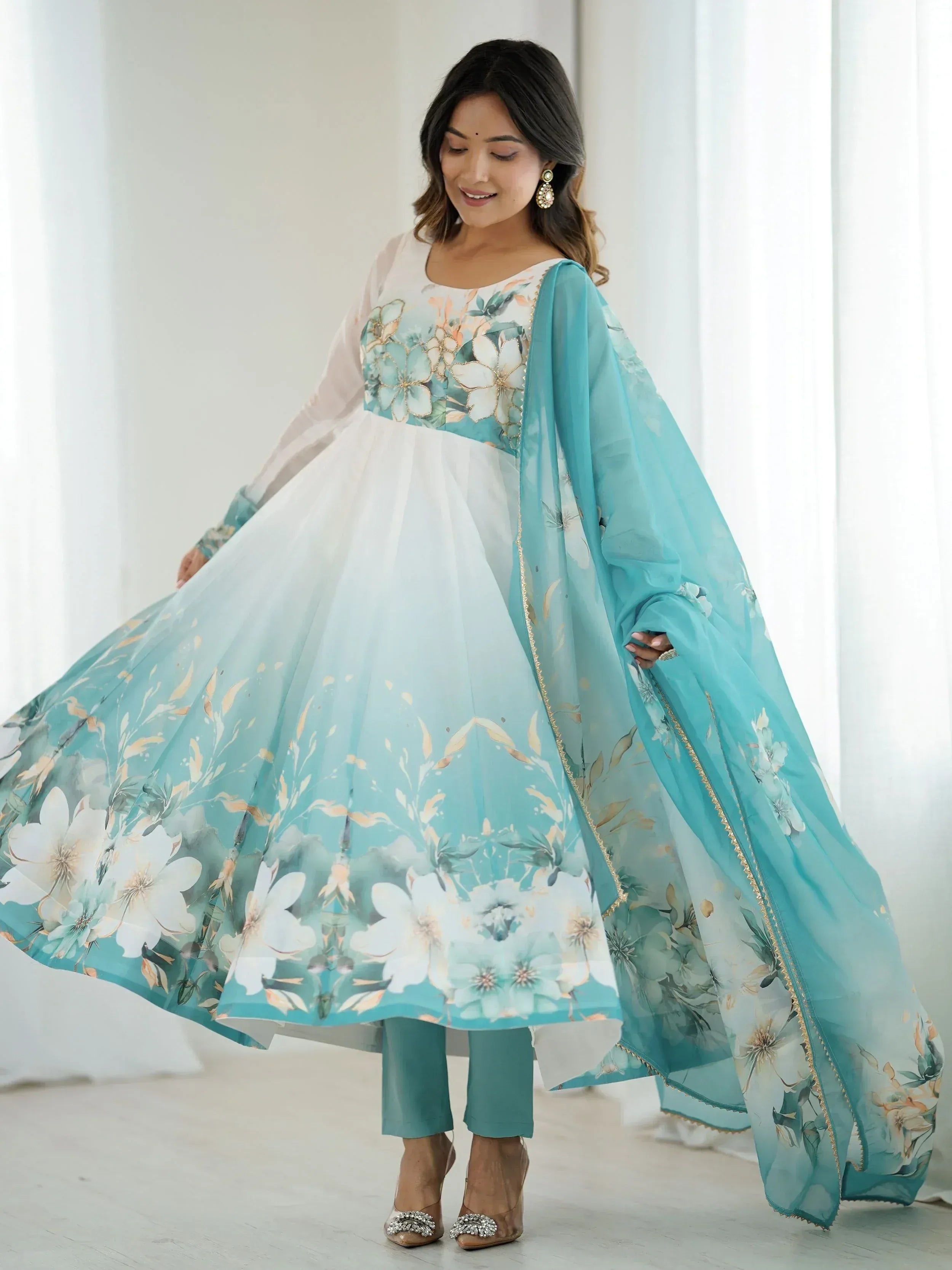 Woman in floral print ethnic anarkali gown with dupatta, Indian designer wear
