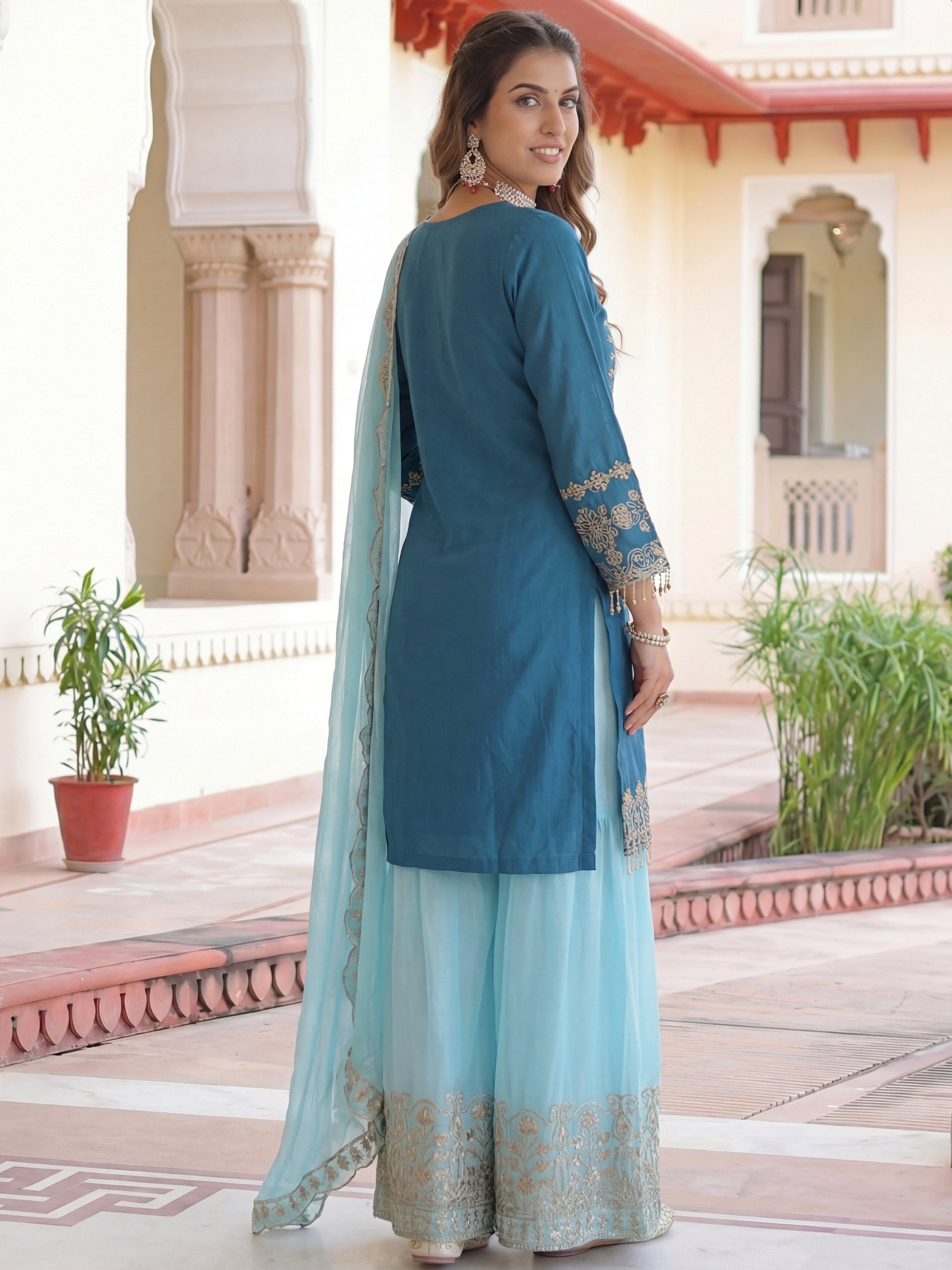 Fabulous Teal Blue Embroidered Chinon Festival Wear Palazzo Suit