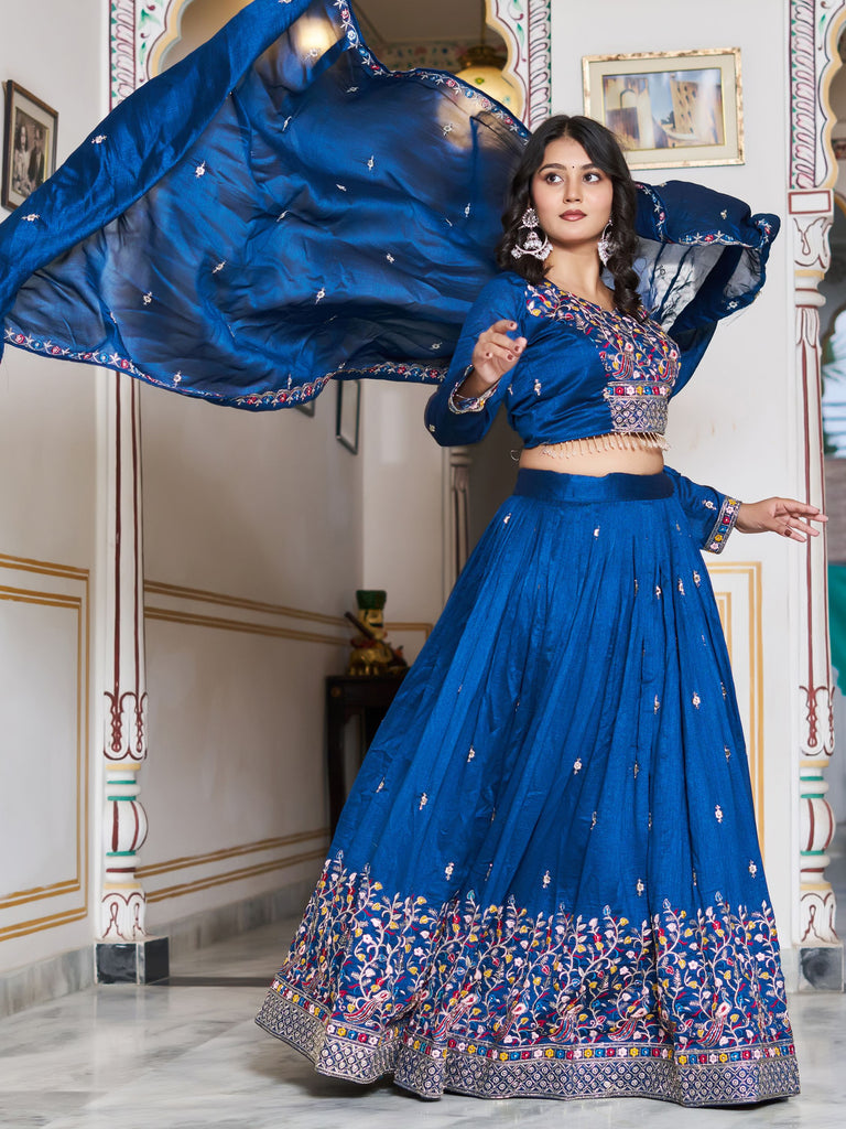 Stunning Blue Thread Embroidered Silk Festive Wear Lehenga Choli 