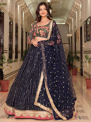 Gleaming Blue Net Sequins Work Party Wear Lehenga Choli With Dupatta