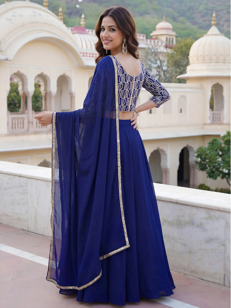 Wonderful Royal Blue Embroidered Georgette Festive Wear Lehenga Choli