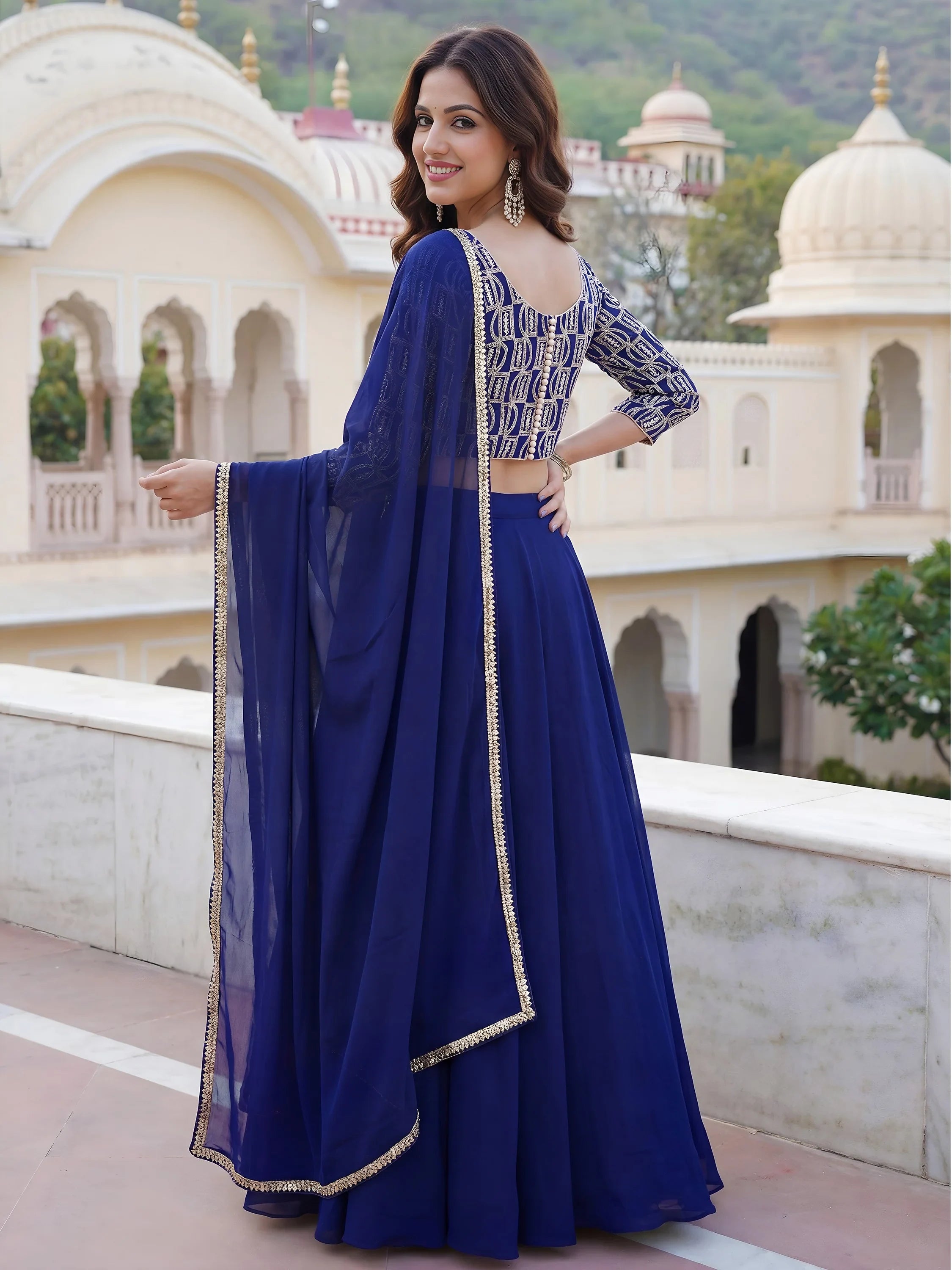 Wonderful Royal Blue Embroidered Georgette Festive Wear Lehenga Choli