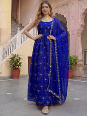 Impressive Blue Embroidered Silk Festival Wear Gown With Dupatta