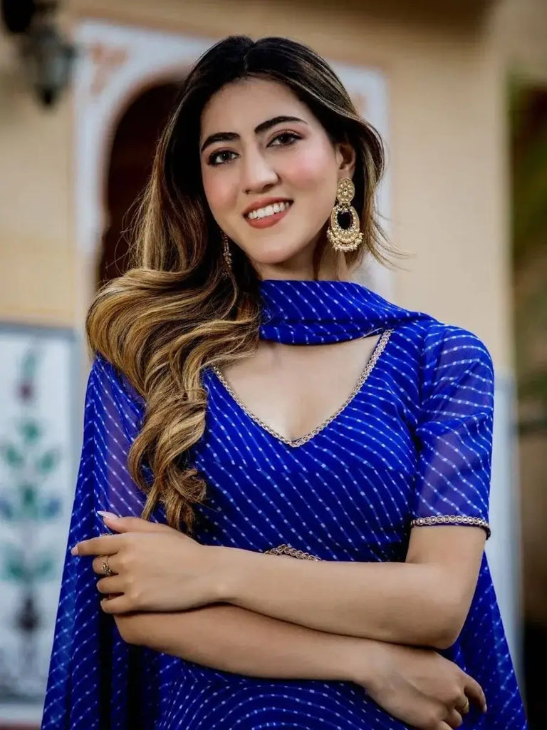 Gorgeous Blue Laheriya Print Georgette Wedding Wear Lehenga Choli