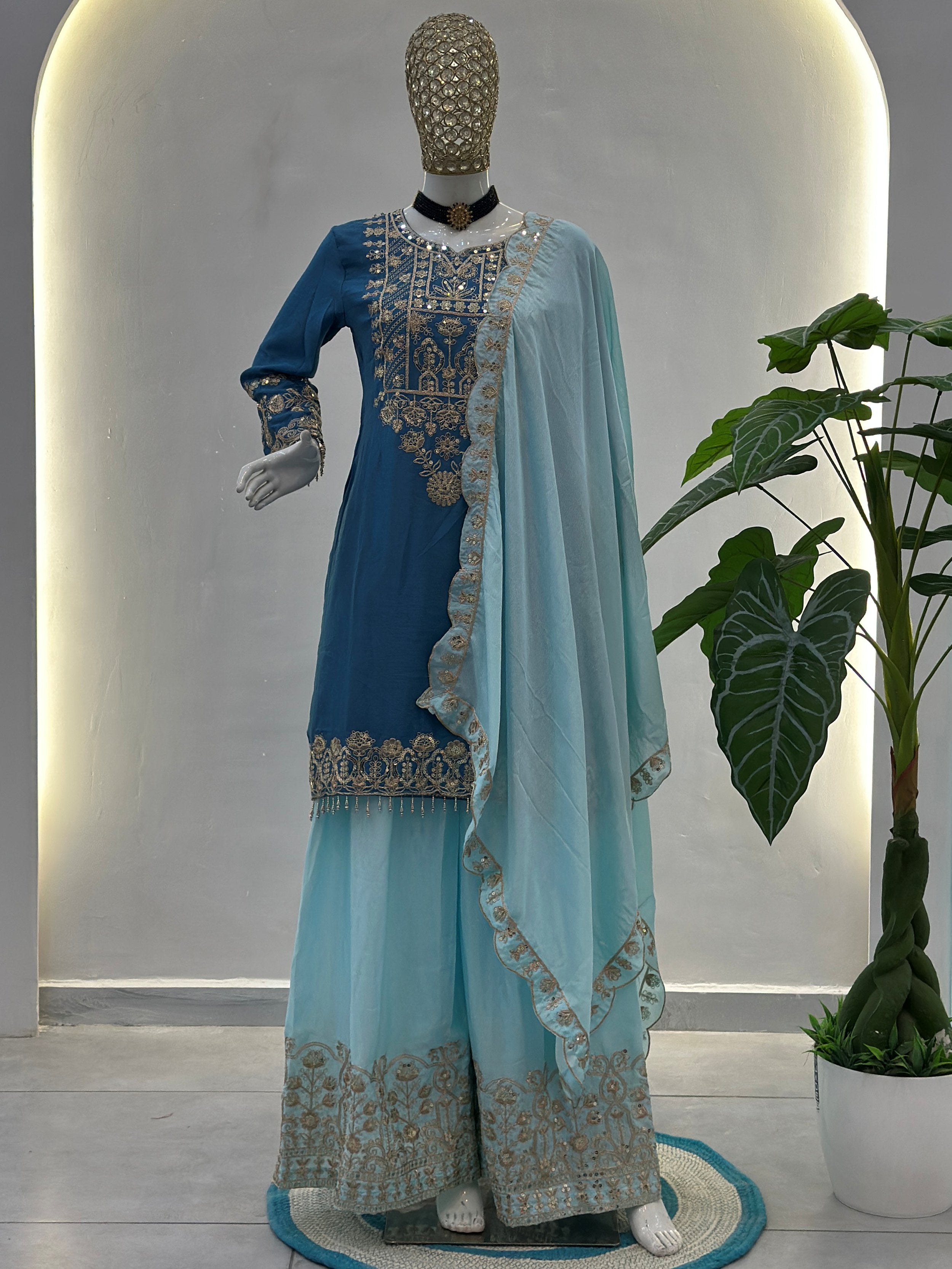 Fabulous Teal Blue Embroidered Chinon Festival Wear Palazzo Suit