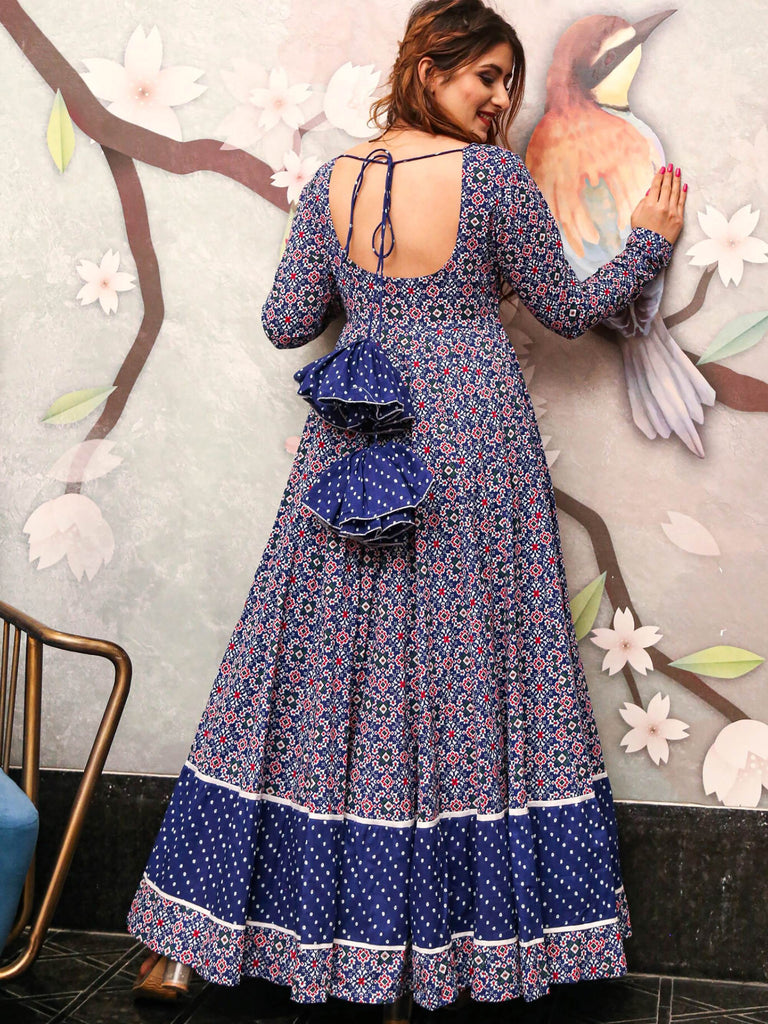 Graceful Blue Crepe Digital Printed Casual Wear Anarkali Gown
