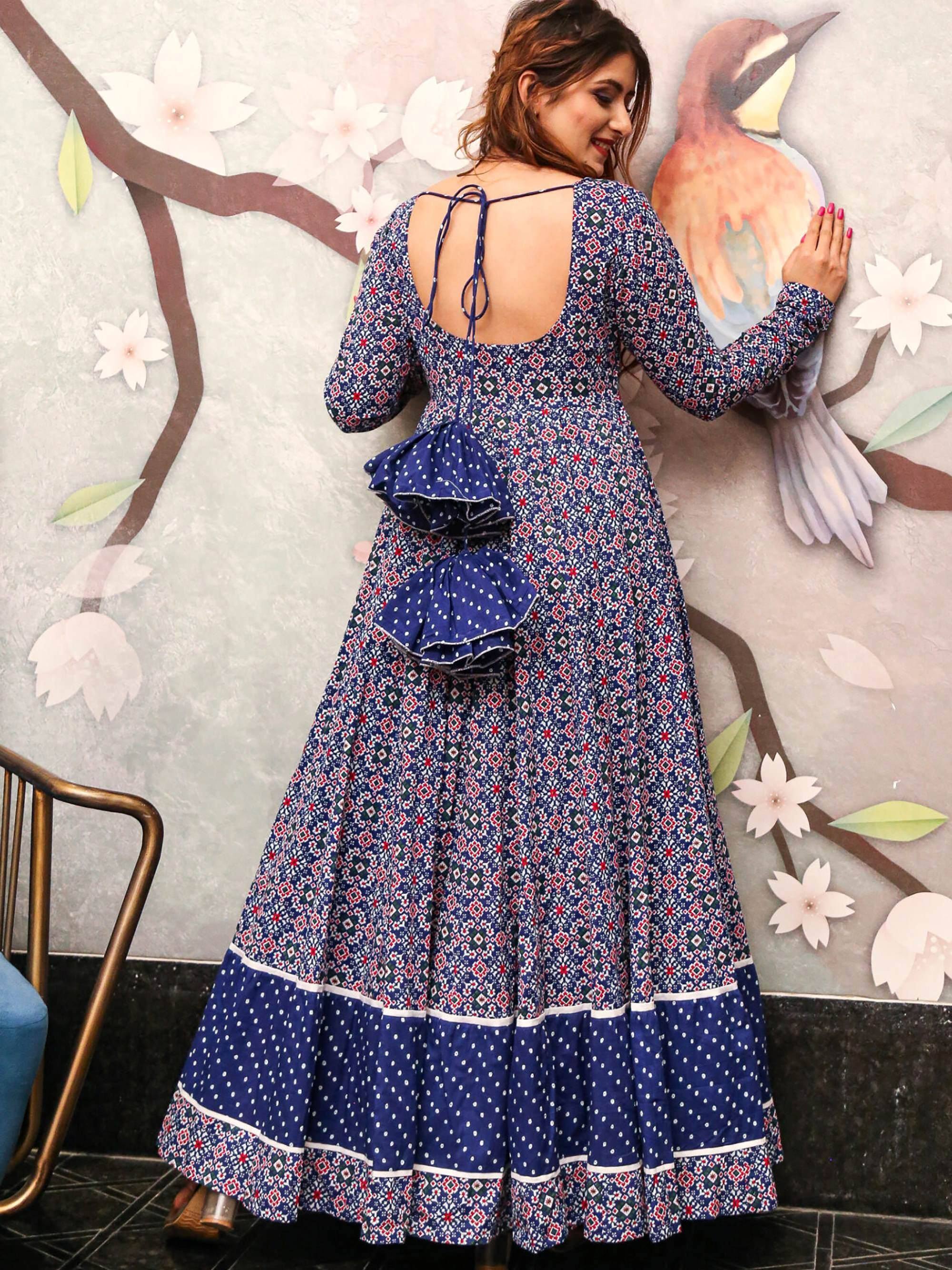 Blue printed ethnic gown with back tie and ruffles, perfect for Indian occasions