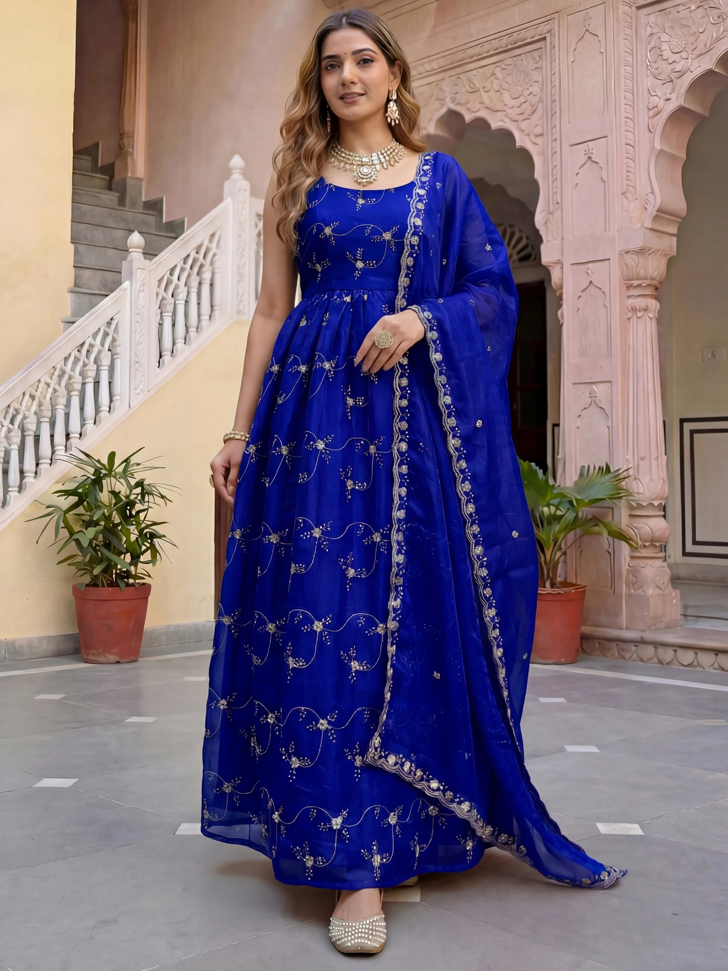 Impressive Blue Embroidered Silk Festival Wear Gown With Dupatta