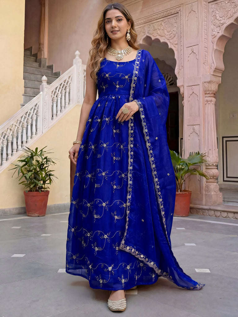 Impressive Blue Embroidered Silk Festival Wear Gown With Dupatta