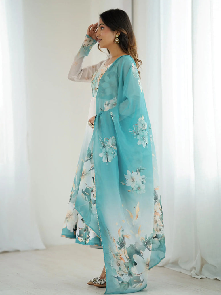 Amazing Blue Organza Floral Printed Anarkali Suit With Dupatta