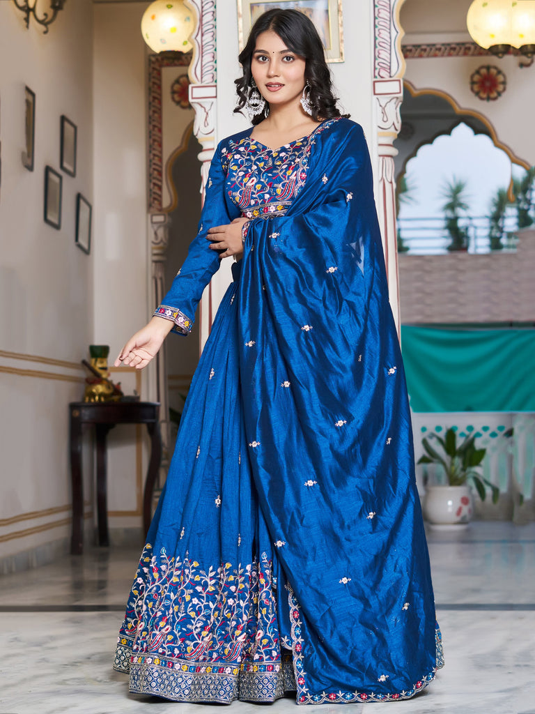 Stunning Blue Thread Embroidered Silk Festive Wear Lehenga Choli 