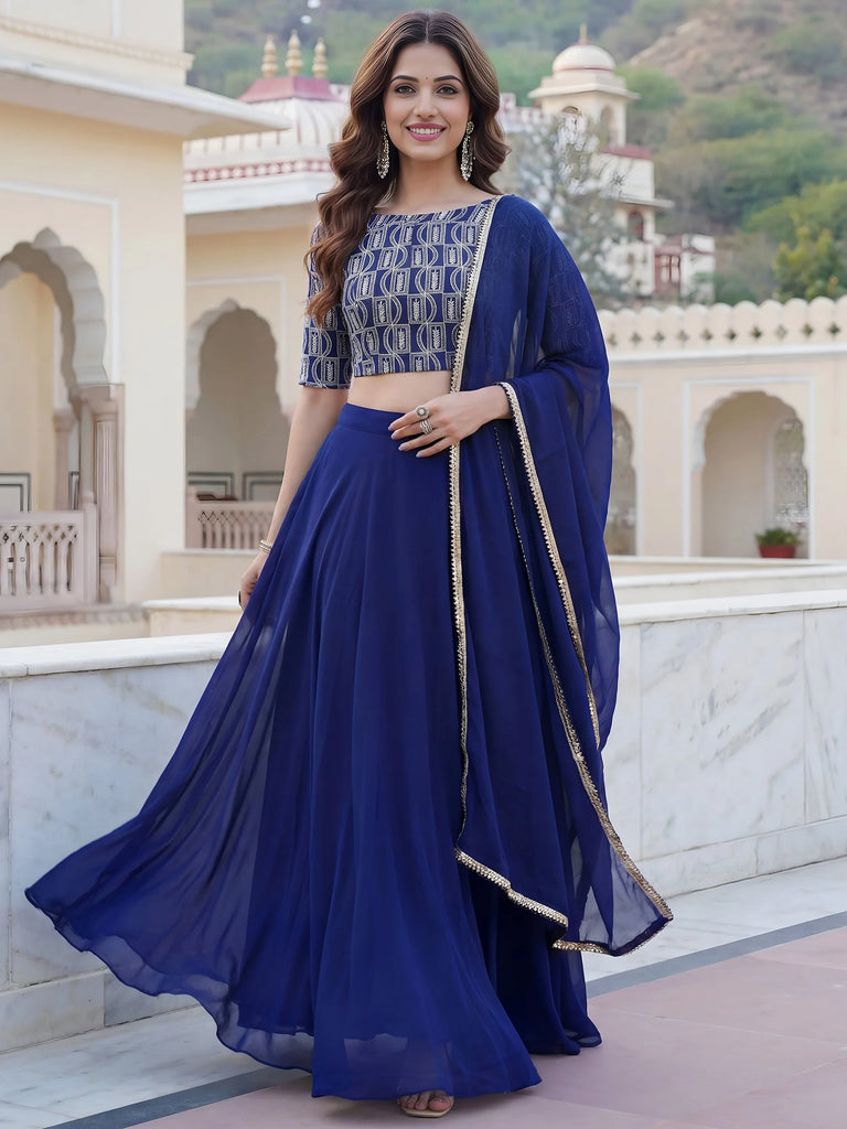 Wonderful Royal Blue Embroidered Georgette Festive Wear Lehenga Choli