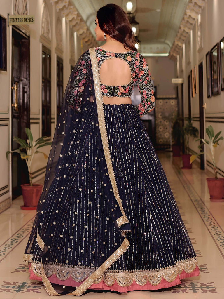Gleaming Blue Net Sequins Work Party Wear Lehenga Choli With Dupatta