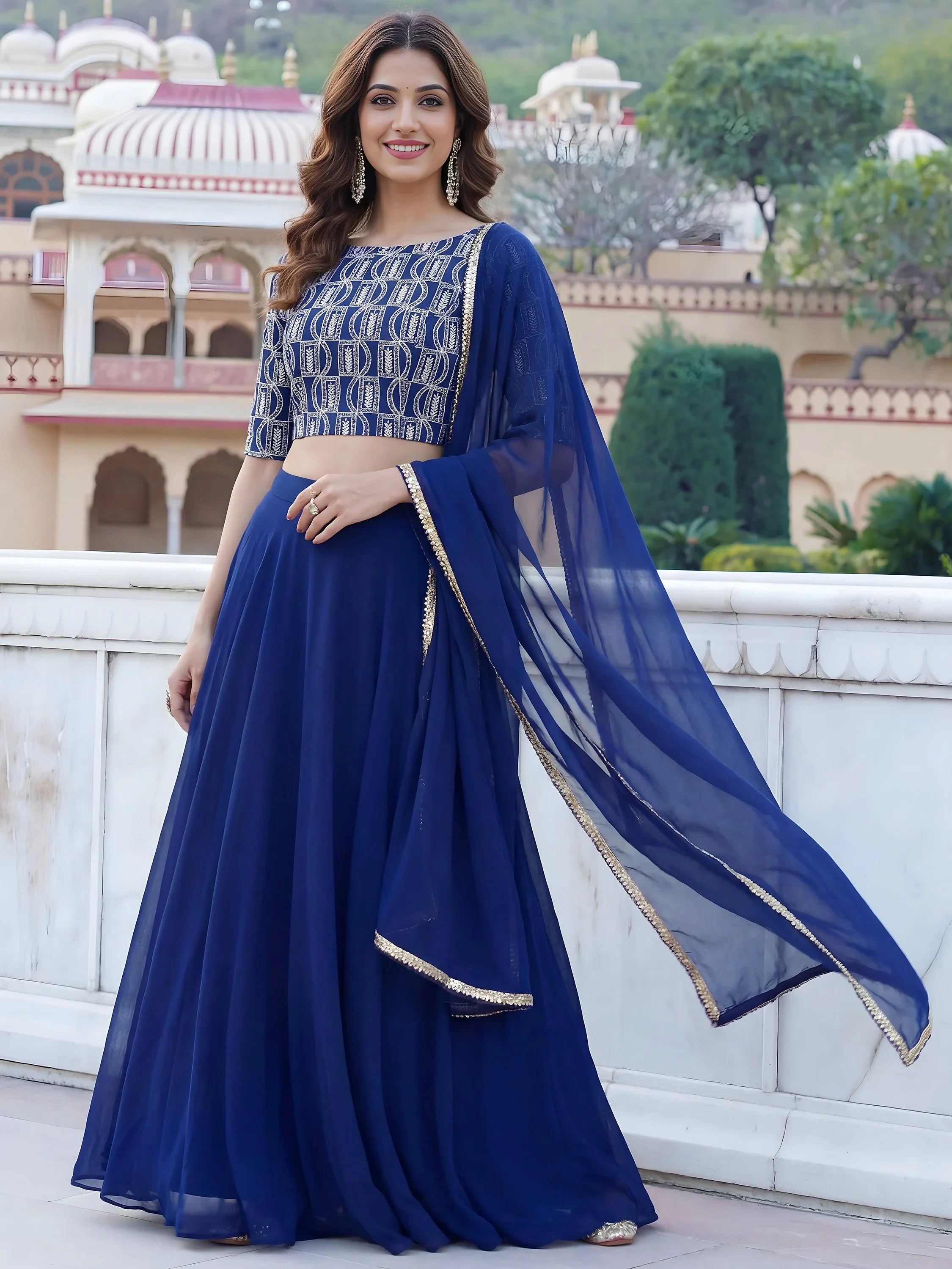 Wonderful Royal Blue Embroidered Georgette Festive Wear Lehenga Choli